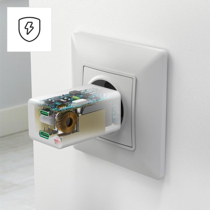 Image du produit Hama Chargeur rapide + câble, 2x USB-C, PD/QC, mini-chargeur, 35W, 1 m, blanc (35 W, 2 ports)