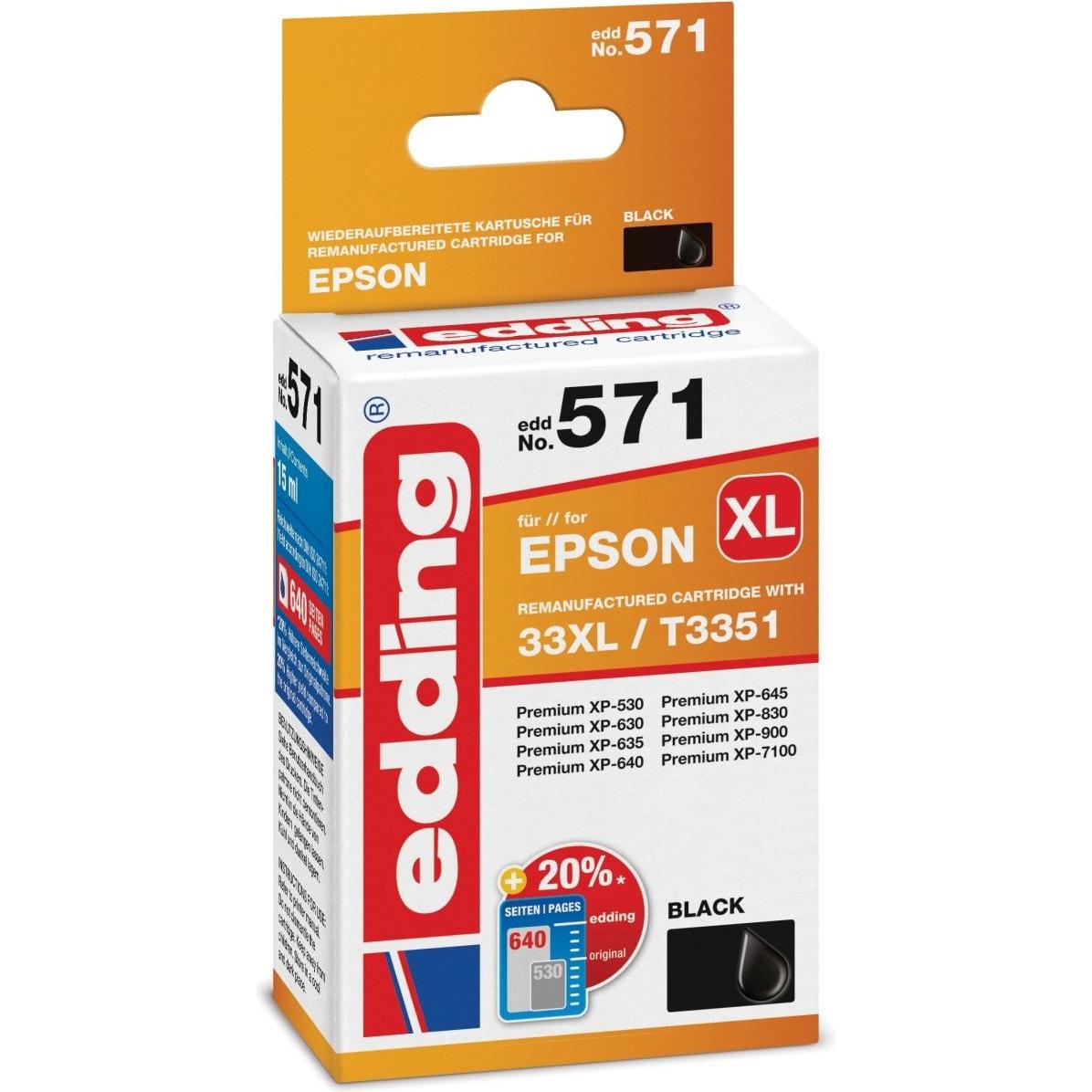 Edding, Druckerpatrone, Tintenpatrone ersetzt Epson 33XL T3351 Kompatibel einzeln Schwarz EDD-571 - Komp (BK)