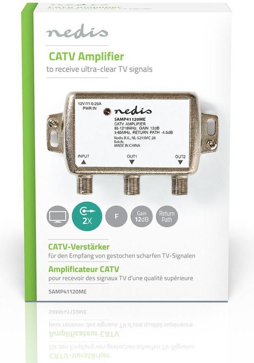 Actual product image Nedis SAMP41120ME CATV amplifier Gain: 12 dB 85-1218 MHz Number of outputs: 2 Return path Silb (Power supply)