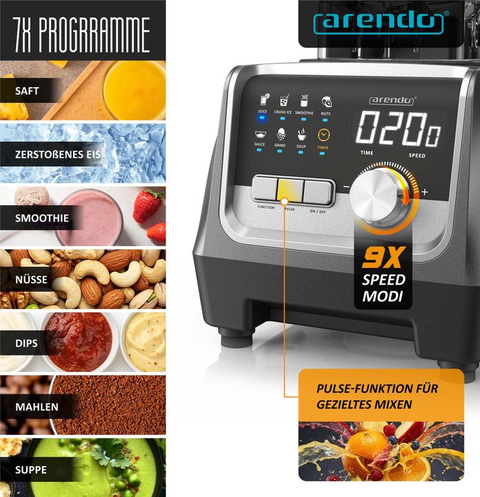 Image du produit Arendo Standmixer, Hochleistungsmixer 2000W, Display, 9 Speed-Stufen, 2L Behälter, Timer & Pulse-Funktion (2000 W)