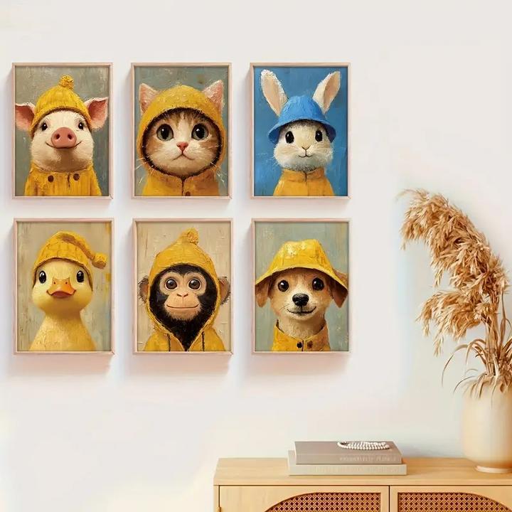 Actual product image ASMI 6 Stück niedliche Tierkinder, Poster auf Leinwand im Ölgemälde-Stil ungerahmt (30 x 20 cm)