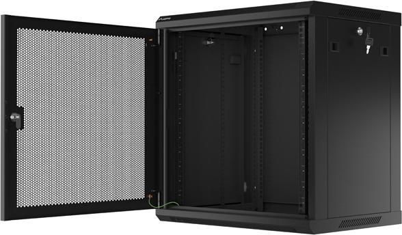 Produktbild Lanberg Nástěnná jednodílná skříň 19", 12U/600x450, (v rozloženém stavu), perforované dveře, černá (12 HE, 19 Zoll Rack)