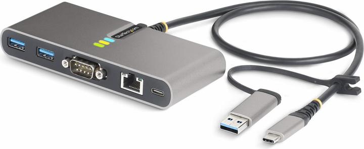 StarTech com 2-Port USB-C Hub with Ethernet and RS-232, Attached USB-C to USB-A Dongle, 100W PD Pass (USB-C)