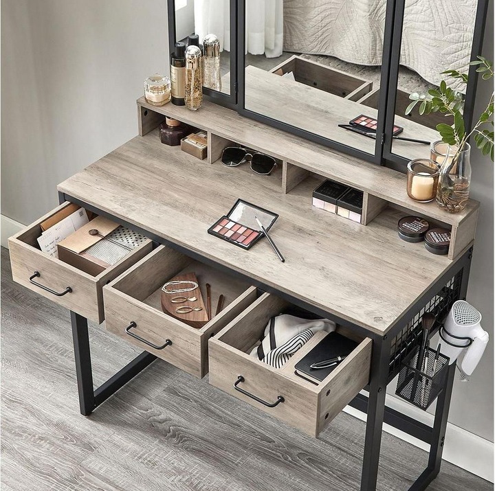 Image du produit Vasagle Schminktisch mit Hocker und Spiegel Greige/Schwarz, Tiefe (90 x 40 x 141 cm)