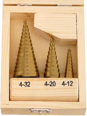 Actual product image GEKO Step drill set 3 pcs, 4-12mm, 4-20mm, 4-32mm, wooden case, TiN (Ø 4-32mm)