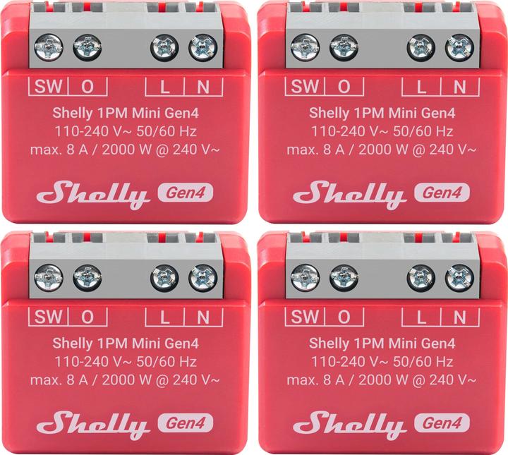 Shelly Relais 1PM Mini Gen4, 8 A, WLAN, Bluetooth, rot, 4 Stück