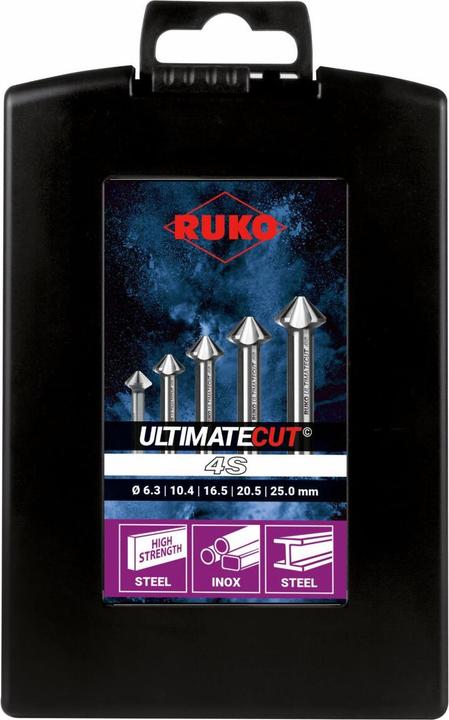 Actual product image Ruko Countersink set 90 ° ULTIMATECUT 4S 6.3-25.0 mm HSS-Co5 5-piece plastic case (16.5 mm, 25.0 mm, 10.4 mm, 20.5 mm, 6,3)