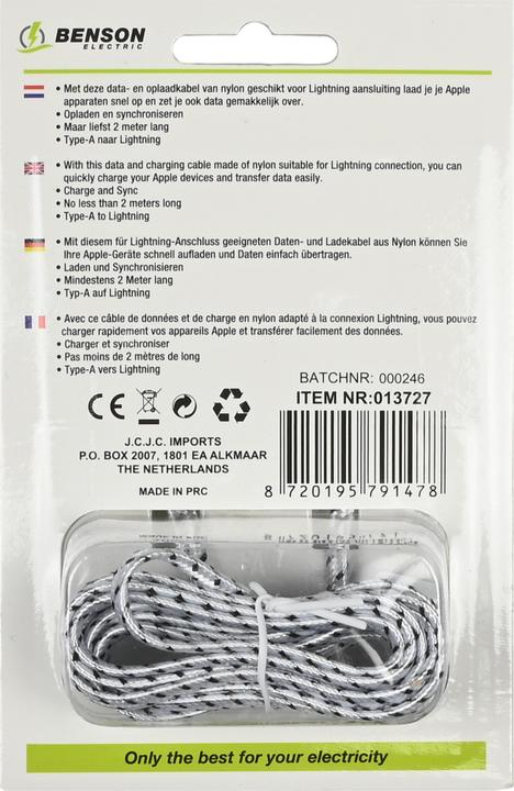 Actual product image Benson Electric USB lightning cable 2 m nylon (2 m, USB 2.0)