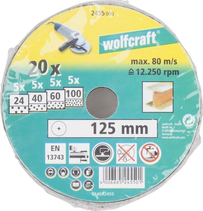 Produktbild wolfcraft 1 Fiberschleifsch.-Set 20-tlg. WS ø125mm (100, 24, 40, 60)