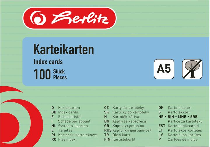 Valori nutrizionali e ingredienti Herlitz Schede, DIN A5, foderate, carta verde, 170 g/m², senza legno, colore della linea: blu, doppio (A5, 170 g/m², 100 x)