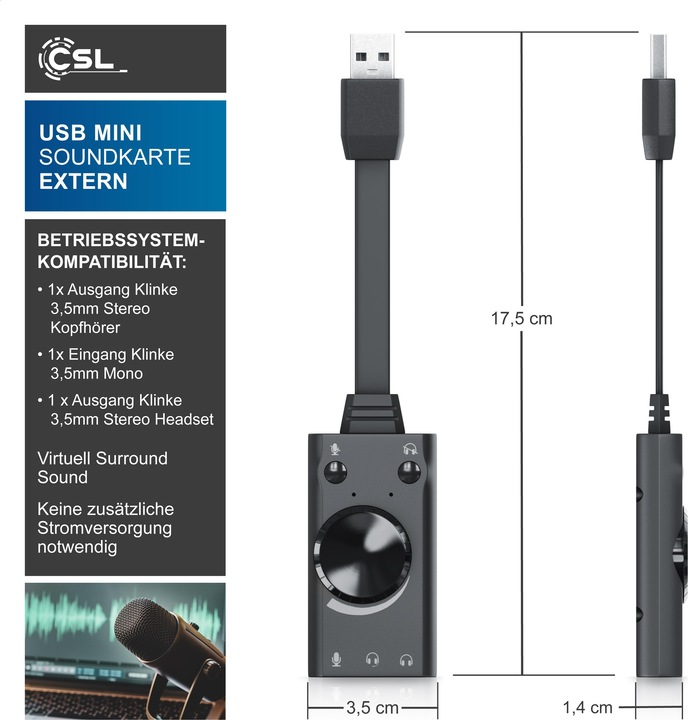 Image du produit CSL Carte son USB son surround, mini carte son externe USB avec contrôle du volume (USB 2.0)