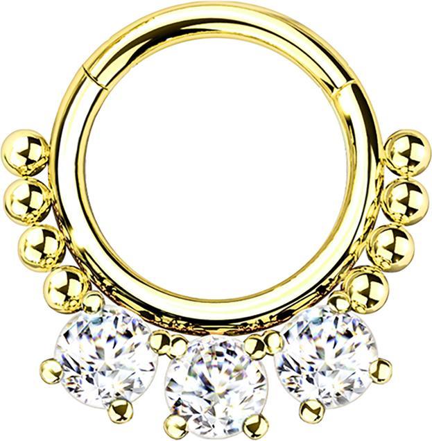 Actual product image Star Piercing Micro segment ring hinged gold-plated beads and three crystals (without brass, Surgical steel 316L)