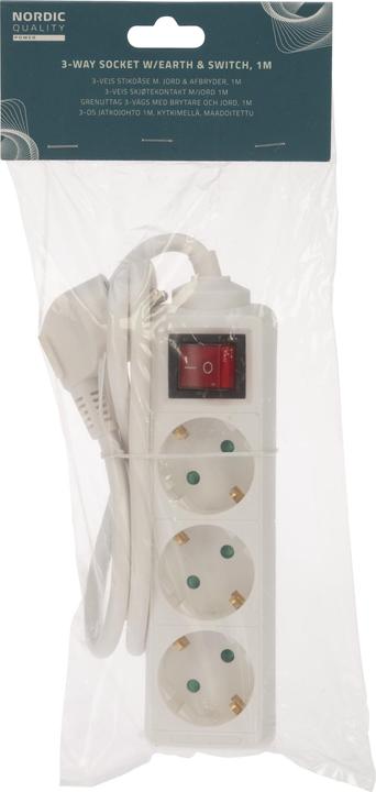 Actual product image Deltaco Power outlet 3-way connector with switch and earth, 1m (3 x, CEE 7/3, 1 m)