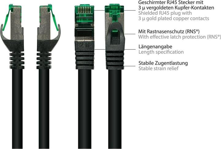 Actual product image Kabelmeister Patch cable with latching nose protection, outdoor (IP66), Cat.6A, S/FTP, PiMF, 500MHz, CU, black, (S/FTP, CAT6a, 100 m)