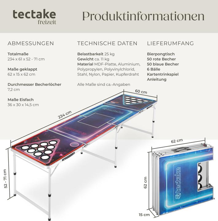 Image du produit tectake Table de beer pong BEERWARS II avec compartiment à glace et éclairage LED
