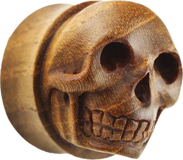 Actual product image Star Piercing Flared Plug with Hand Carved Teak Skull (without brass, Organic)
