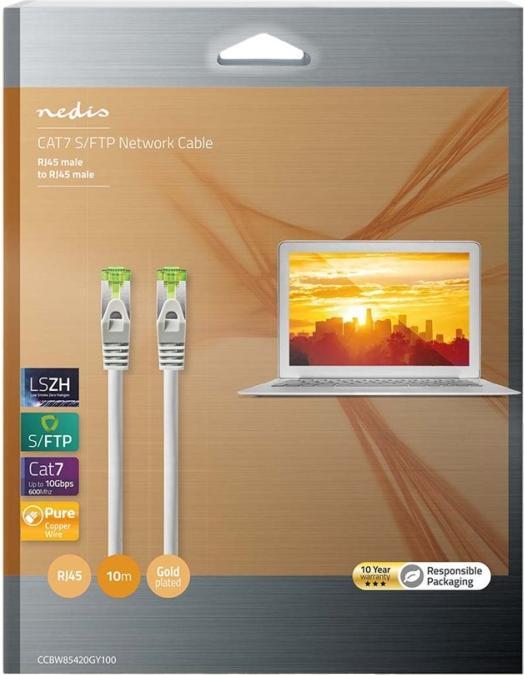 Productafbeelding Nedis Cat 7 Kabel- S/FTP- RJ45 Stekker- 10,0 m- Rond- LSZH- Grijs- (S/FTP, CAT7, 10 m)