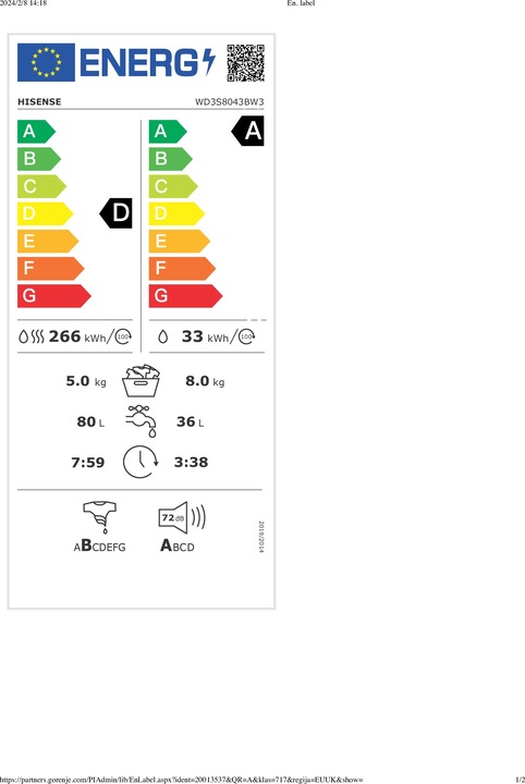 Label énergétique Hisense WD3S8043BW3 Lave-linge séchant posable 8Kg