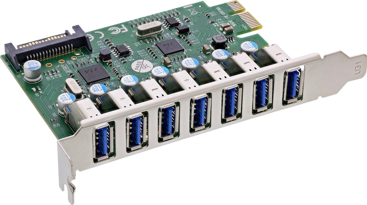 Actual product image InLine Interface card, 7x USB-A 3.2 Gen.1, PCIe, with SATA power connection