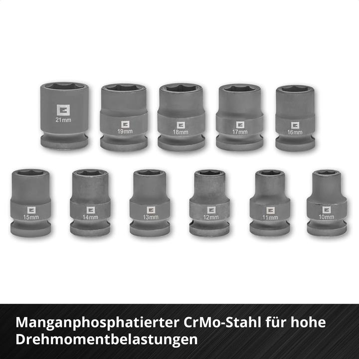 Produktbild Einhell Impact Stecknuss-Set, 109283, 12-teilig (19 mm, 12 mm, 14 mm, 16 mm, 10 mm, 21 mm, 18 mm, 17 mm, 11 mm, 15 mm, 13 mm)