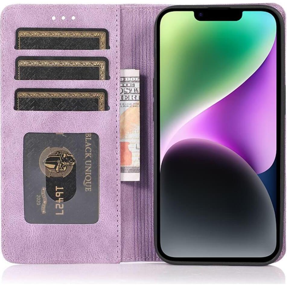 Thumbnail - Cover-Discount iPhone 15 Plus - Vintage Flip Case Hülle violett (Apple iPhone 15 Plus), Smartphone Hülle, Violett