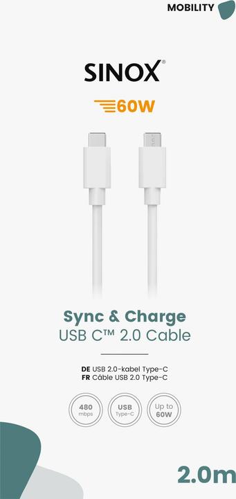 Actual product image Sinox USB C cable. 2m. Hvid (2 m, USB 2.0)