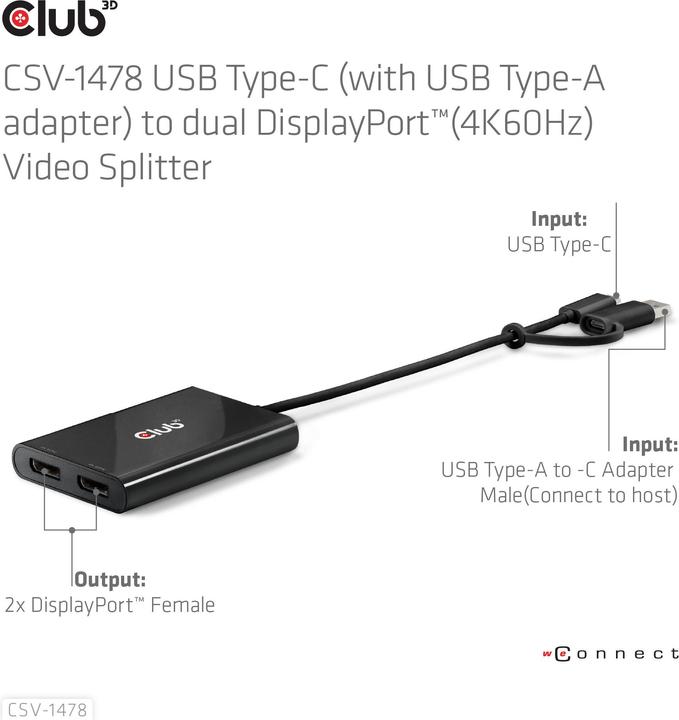 Produktbild Club 3D Club3D Adapter USB-C > 2x DP 4K@60Hz mit USB-A Adapter St/Bu retail (USB-A, 27.50 cm)