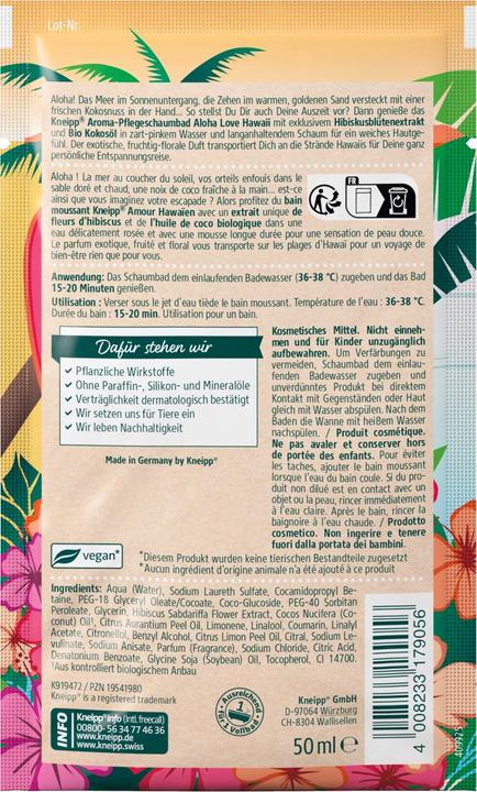 Valeurs nutritives et ingrédients Kneipp Bain moussant Amour Hawaïen (50 ml, Bain moussant)