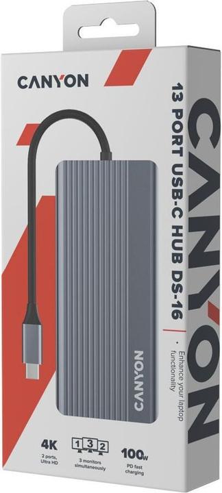 Produktbild Canyon USB-13-in1 HUB USB-C > 2xHDMI/1xDP/4xUSB/RJ45/SD/Aud. retail (USB-C, 13 Ports)