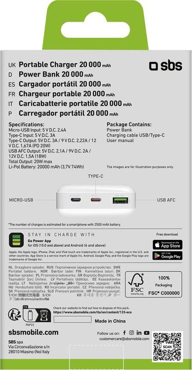 Produktbild SBS Power Bank (20000 mAh, 20 W, 74 Wh)