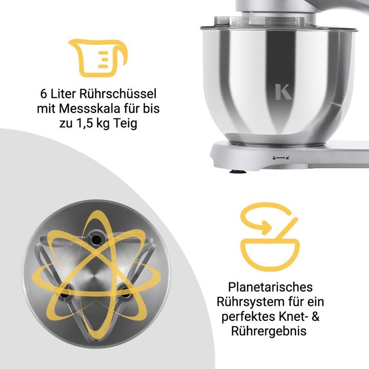 Actual product image KLAMER Küchenmaschine, Knetmaschine mit 6 Liter Edelstahl Schüssel (1800 W)