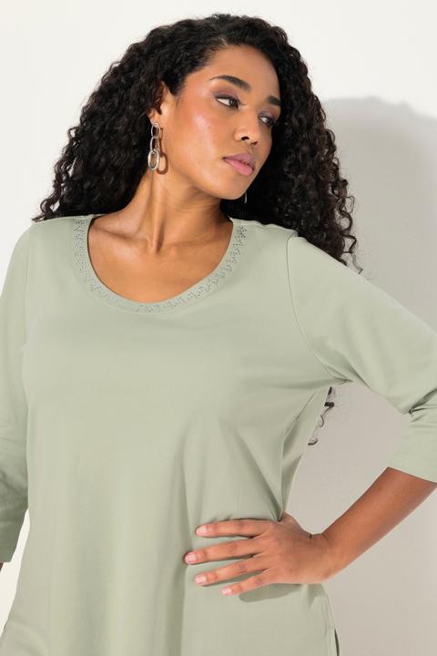 Image du produit Ulla Popken T-shirt coupe évasée, manches 3/4 et petits strass fantaisie tout autour du col rond (42, 44)