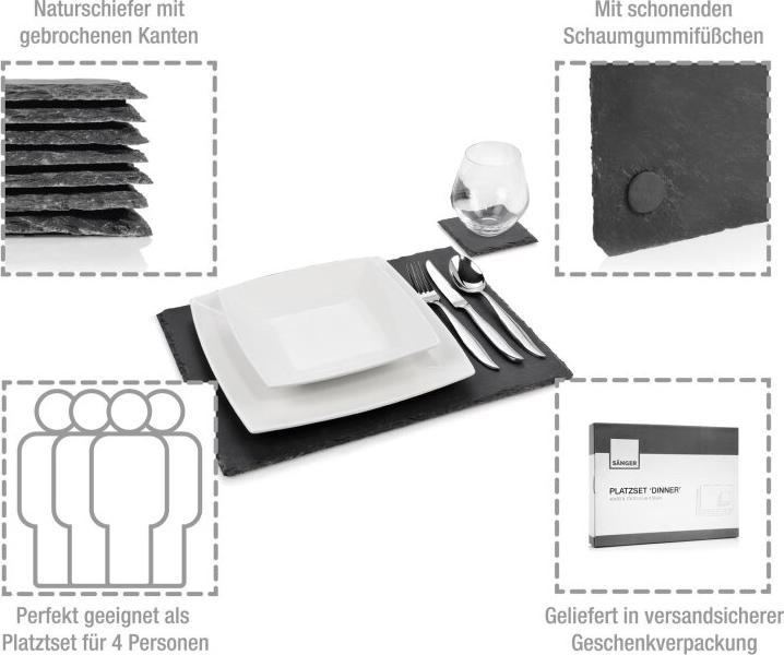 Image du produit Sänger Geschirr Set d'assiettes à dîner en ardoise, sous-verres modernes en ardoise pour 4 personnes (4 pcs, 40 x 30 cm)