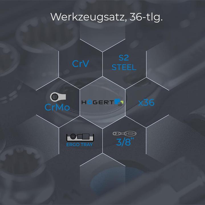 Produktbild MGA Högert Technik - Werkzeugset I Steckschlüssel, Bits und Zubehör 3/8“ I Legiertem Chrom-Vanadium-Stah (19 mm, 6 mm, 12 mm, 24 mm, 14 mm, 22 mm, 16 mm, 10  mm, 21 mm, 18 mm, 7 mm, 17 mm, 11 mm, 15 mm, 8 mm, 9 mm, 13 mm, 20 mm)