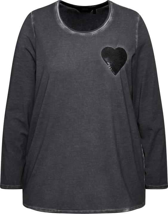 Image du produit Ulla Popken T-shirt manches longues, décolleté en V et coeur à paillettes, teinture à froid cold dyed (60)