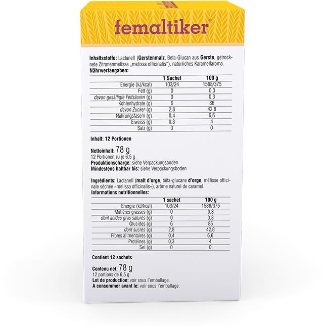 Nutritional values and ingredients Femaltiker Food supplements (12 pcs., Beutel, 139 g)