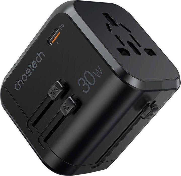 Actual product image Choetech Travel wall charger PD5008, 3xUSB-A, 1xUSB-C, GaN, 30W (black) (30 W, 2 ports)