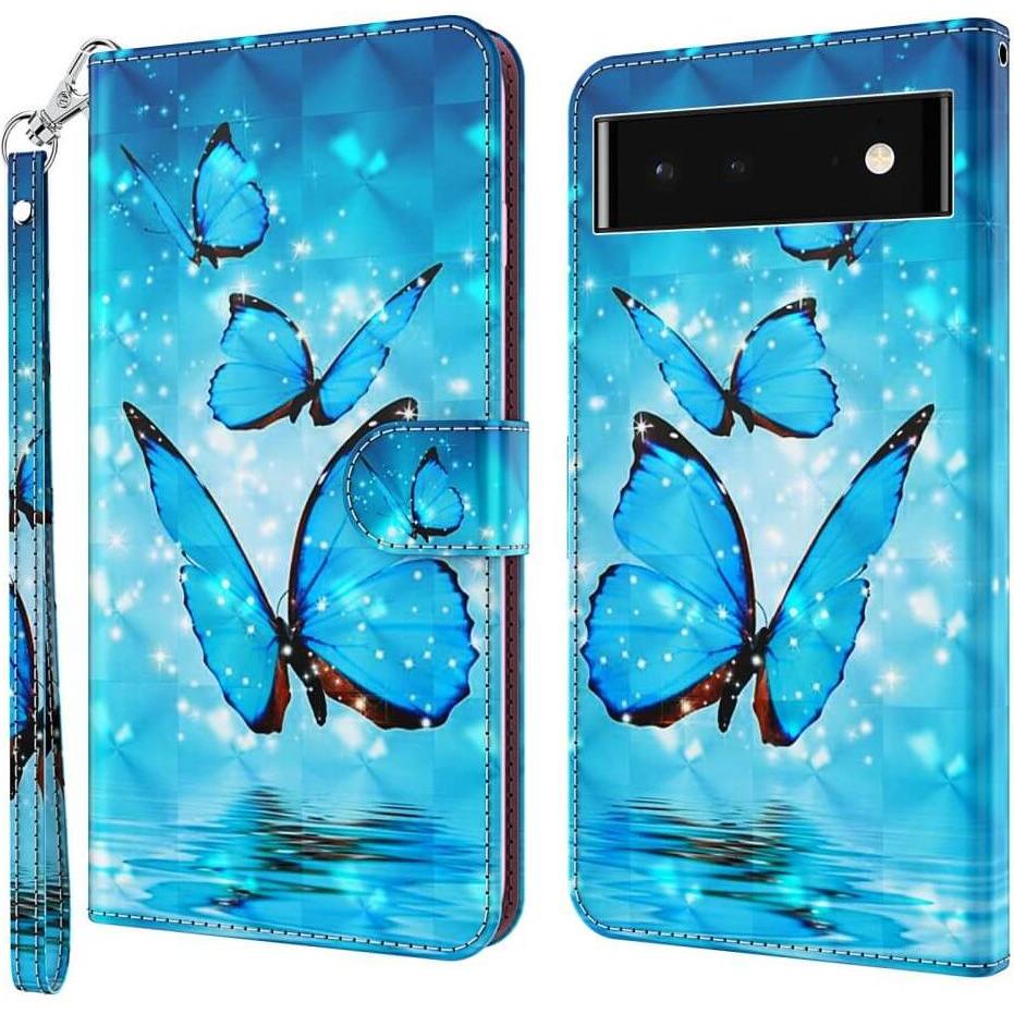 Cover-Discount Google Pixel 7 Pro - Etui Glanz Effekt Schmetterling blau (Google Pixel 7 Pro), Smartphone Hülle, Blau