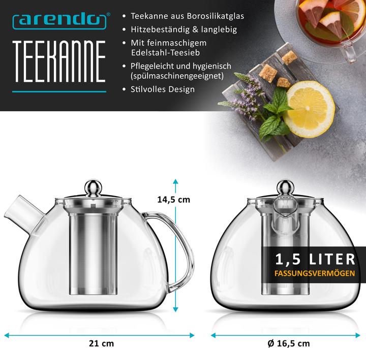 Produktbild Arendo Teekanne 1,5 L, Teebereiter Borosilikatglas, Teefilter Teesieb für losen Tee, Edelstahl Siebeinsatz (1.50 l)