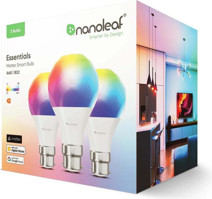 Image du produit Nanoleaf Essentials Smart A60 Bulb B22 Matter 9W 806Lm RGBCW 2700-6500K, 3pcs pack (B22, 806 lm, 3x)