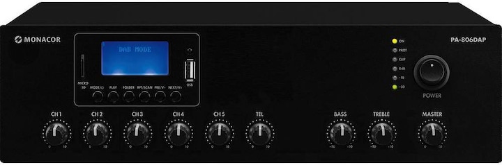 Produktbild Monacor ELA-Mono-Class-D-Mischverstärker 60 W, MP3, USB/SD, FM, DAB+, BT (Röhren-Endstufe)