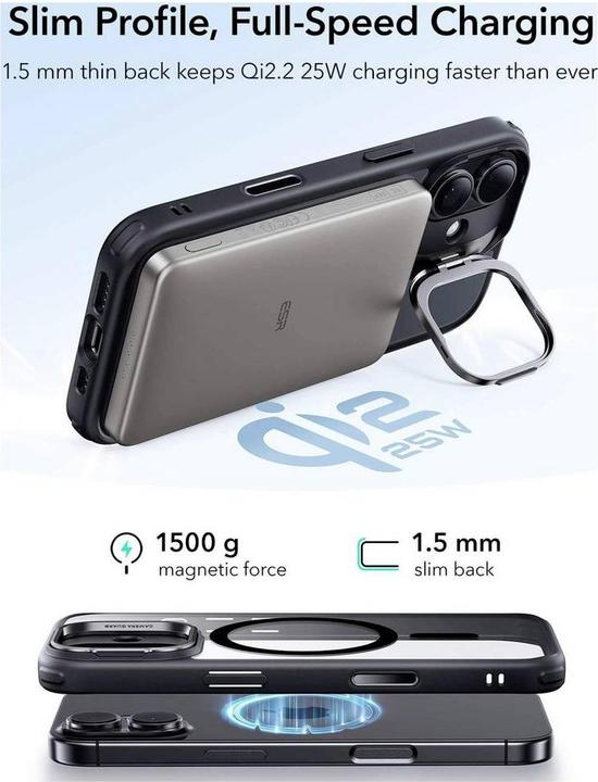 Actual product image ESR Classic Hybrid Magnetic Case (Camera Control, Stash Stand), for iPhone 17, Clear Black (Apple iPhone 17)