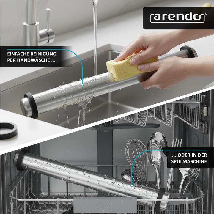 Produktbild Arendo Nudelholz / Nudelrolle Edelstahl, Silikonringen, aufgedruckte Skala, Korrosionsbeständig, hygienisch