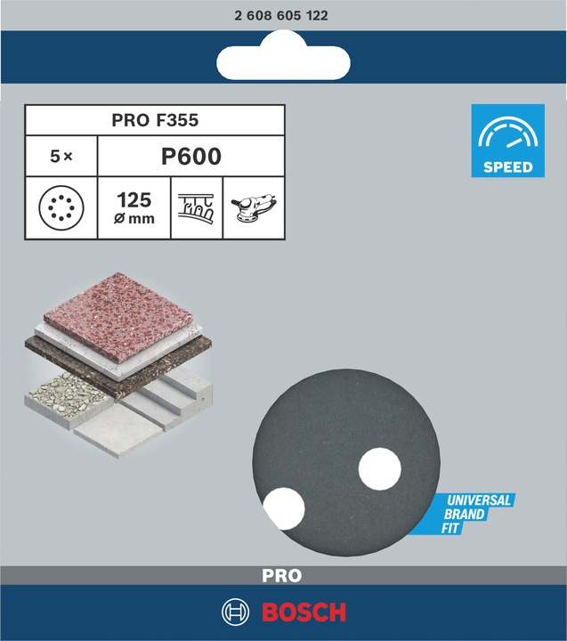 Image du produit Bosch Professional Zubehör PRO F355 Feuille abrasive, 125 mm, G600 (600)
