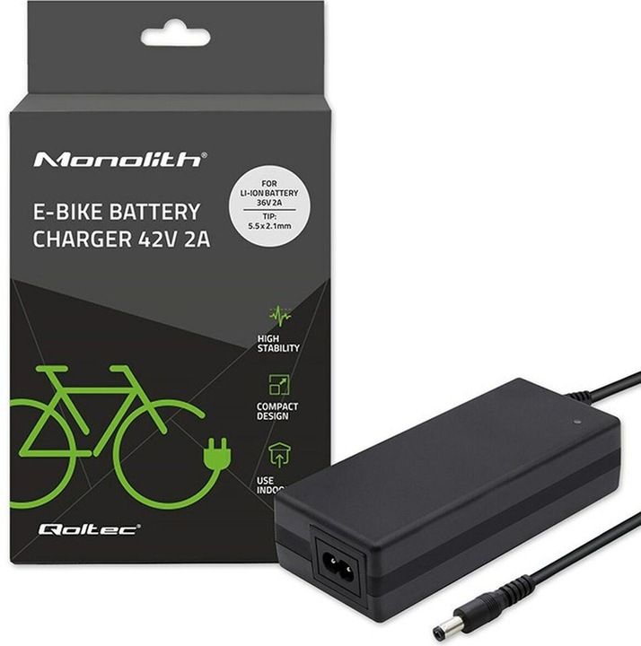 Actual product image Qoltec Ładowarka do baterii roweru elektrycznego 36V | 42V | 2A | 5.5*2.1 (E-bike charger)