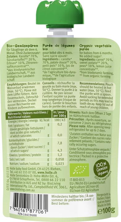 Valeurs nutritives et ingrédients Holle Pouchy (100 g)