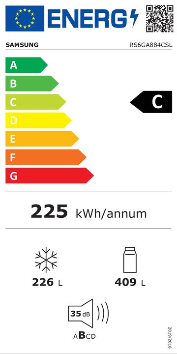 Energie-Label Samsung RS6GA884CSL/EG Side-by-Side Kühlkombination Freistehend C Edelstahl (635 l)