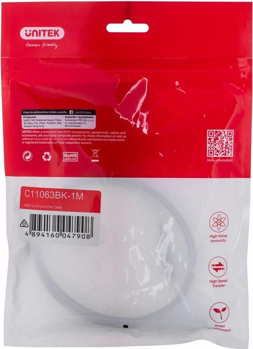 Produktbild Unitek Kabel High Speed HDMI 2.0 4K 60Hz płaski 1m (1 m, HDMI, 2.1)