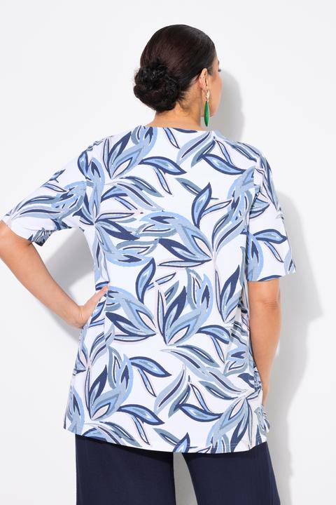 Image du produit Ulla Popken T-shirt à manches courtes et col tunisien, motif feuilles, coupe évasée (54)