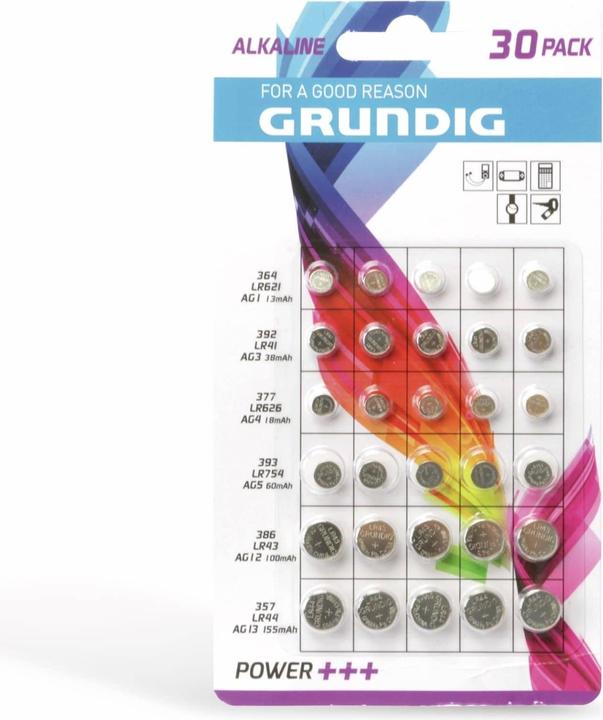 Image du produit Grundig Power+++ (30 pcs, A76 / LR44 / AG13 / L1154 / LR1154 / 157, AG3 / SR41 / LR41 / SR736 / V384 / V392 / 384 / 392 / SG3 / SR41W, AG4 / LR66 / LR626 / LR626 / SR66 / SR626SW, LR43, LR621., LR754, 155 mAh)